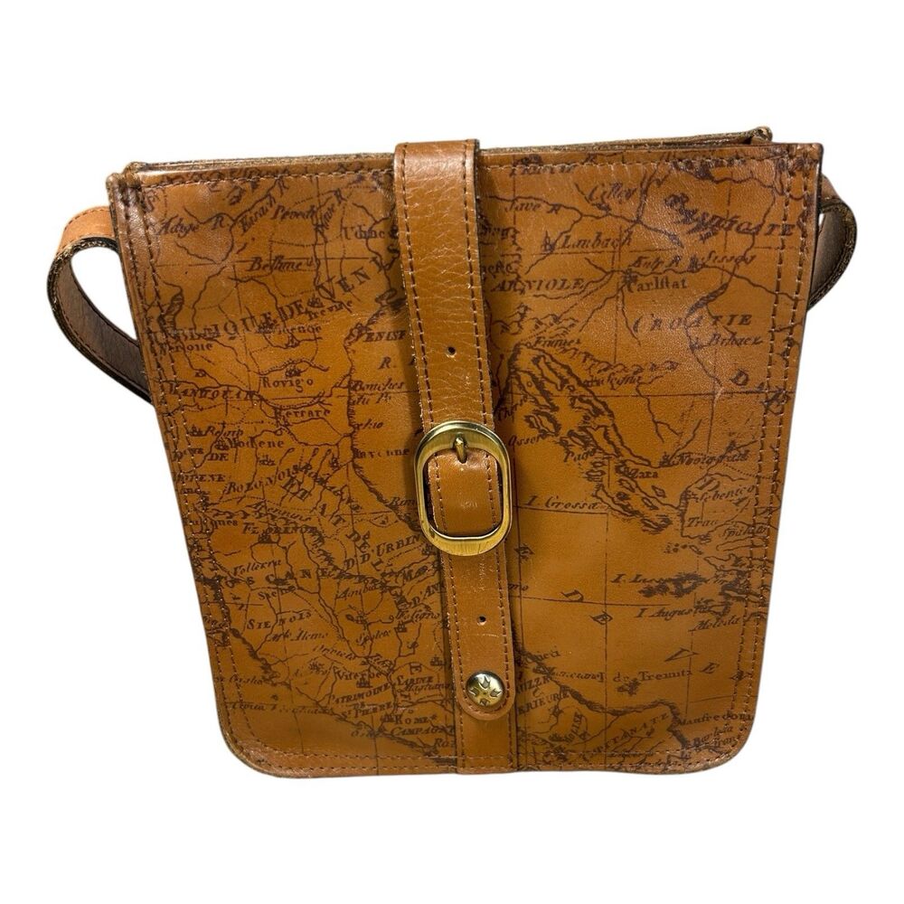 Patricia Nash Leather Crossbody Bag Tan Map Print 8.5x9.75 Shoulder Strap